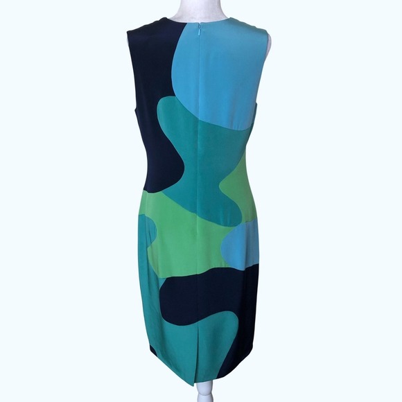 Lela Rose Silk Dress Size 10 Sleeveless Sheath Blue Green Abstract Cocktail - Picture 2 of 16